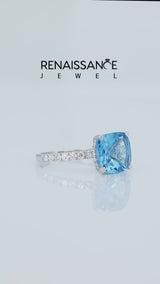 Silver Cushion Cut Blue Topaz Pave Band Solitaire Ring with Round  and Prong Setting