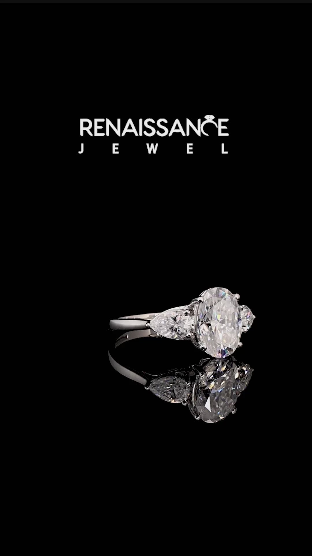 Silver Oval Cut Moissanite Three-Stone Ring with Pear  Side Stones and Prong Setting_12