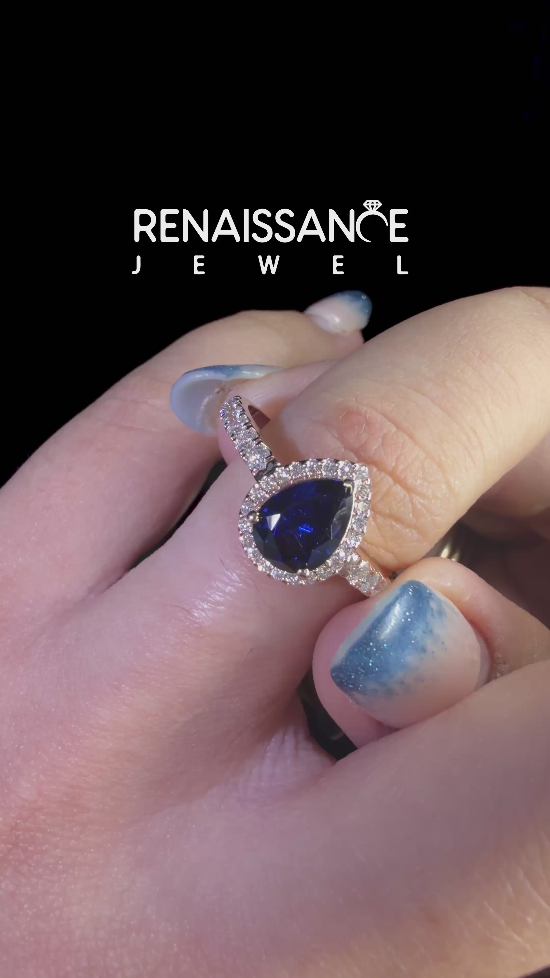 Rose gold Pear Cut Blue Sapphire Pavé Halo Ring with Four-Prong Setting_12