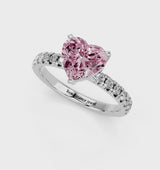 Silver Fancy Pink Heart  Solitaire Pave Diamond Engagement Ring with Four-Prong Setting