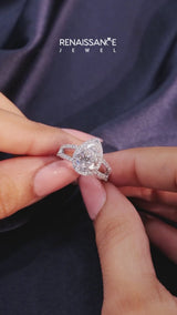 White gold Pear Cut Halo Split Shank Diamond Ring with Four-Prong Setting
