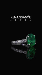 Silver Oval Cut Emerald Cathedral Solitaire Ring with Round  Pavé Band