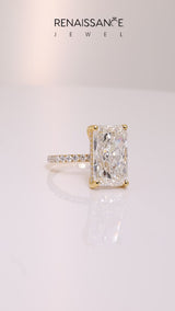 Yellow gold Radiant Cut Diamond Pave Band Solitaire Ring with Round  and Prong Setting