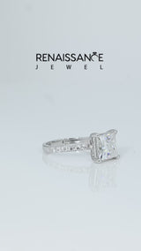 Silver Princess Cut Moissanite Solitaire Ring with Round  Pavé Band and Prong Setting