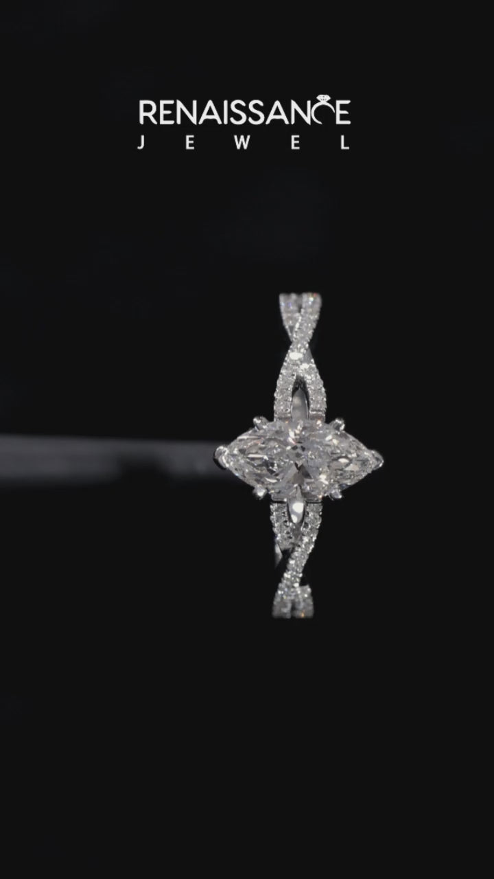 Platinum Marquise Solitaire Twisted Pave Diamond Engagement Ring with Four-Prong Setting 3