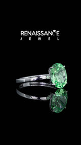 Silver Oval Cut Green Sapphire Solitaire Engagement Ring with Classic Band and Four-Prong Setting