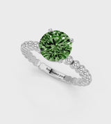 Platinum Fancy Green Round Cut Diamond Solitaire Ring with Beaded Band and Prong Setting