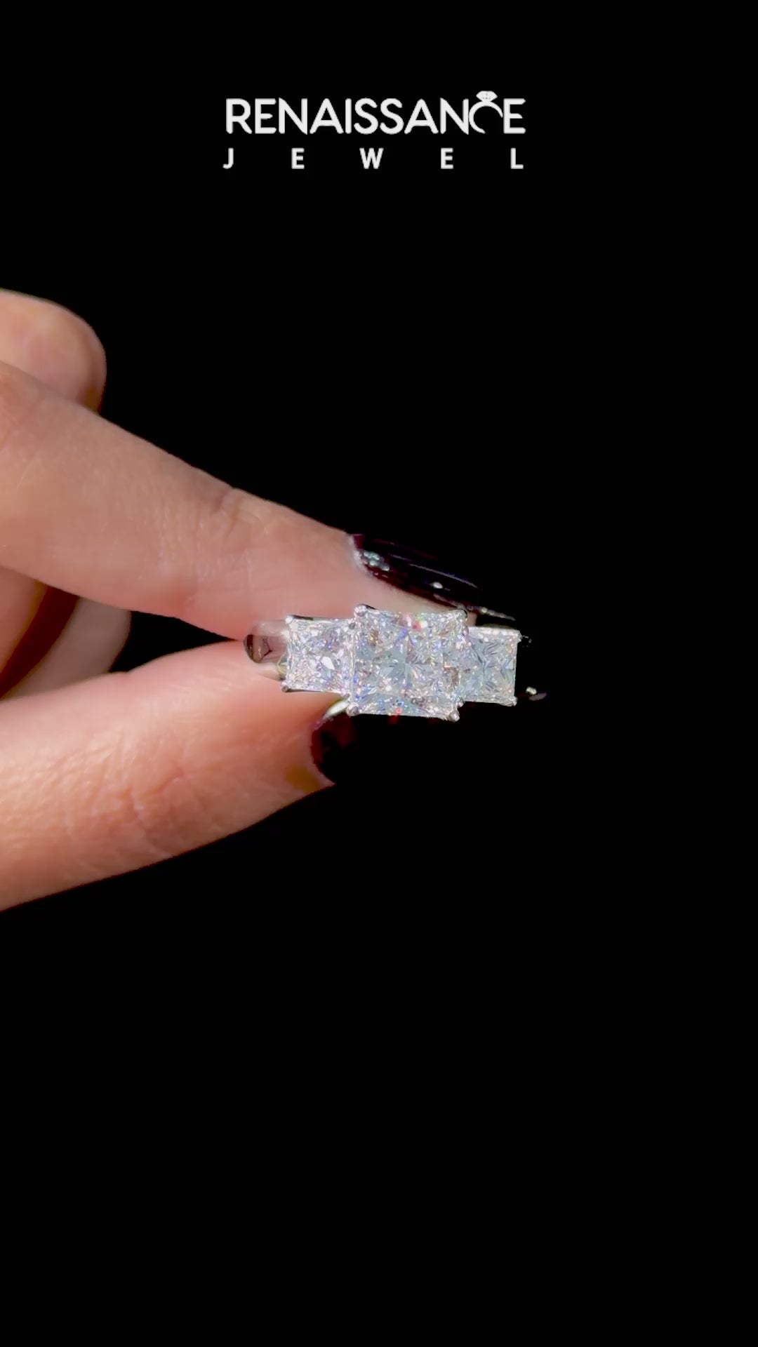 Platinum Three-Stone Princess Cut Diamond Ring with Channel-Set Band and Four-Prong Setting_11