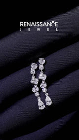 Silver Pear, Oval, Emerald and Round Diamond Waterfall Drop Earrings