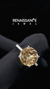 Silver Round Cut Citrine Solitaire Ring with Round  Pavé Band and Four-Prong Setting