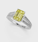Platinum Fancy Yellow Emerald Cut Diamond Solitaire Engagement Ring with Split Shank Pavé Band