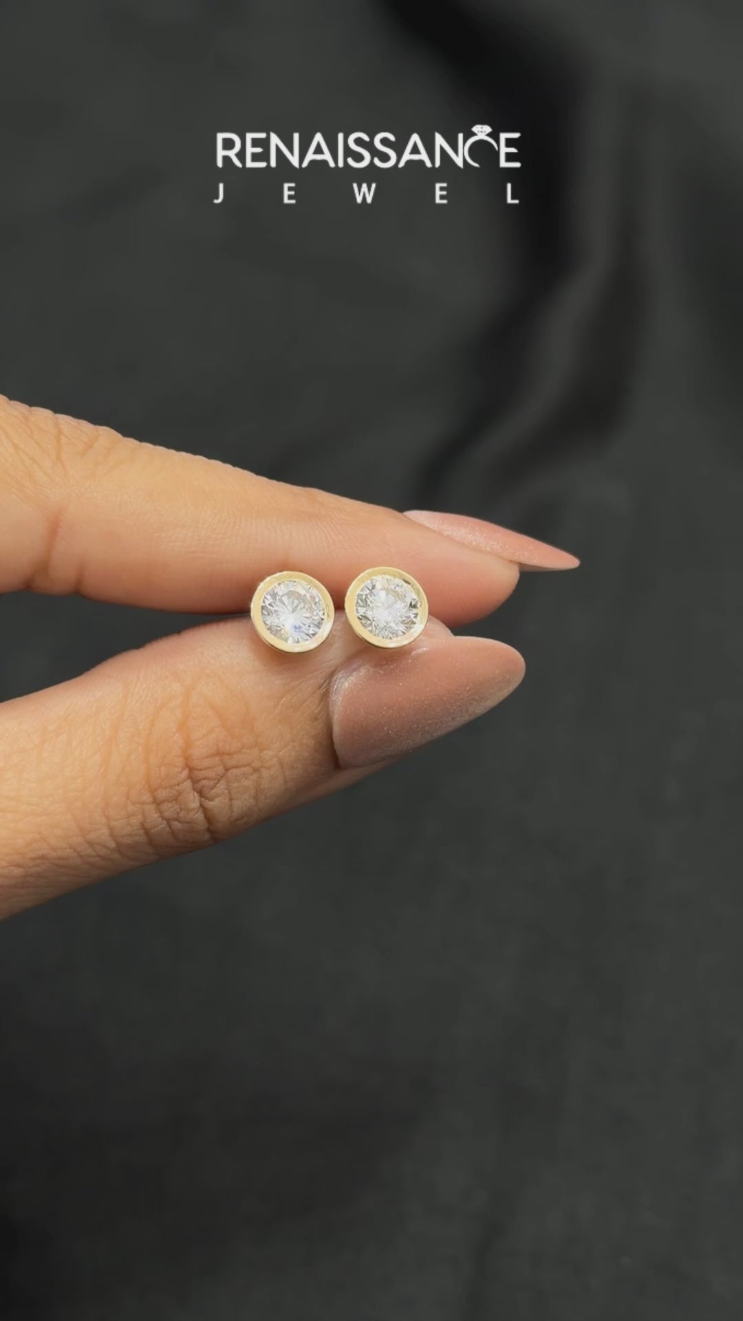 Yellow gold Bezel Set Round Diamond Stud Earrings with Push Back_11