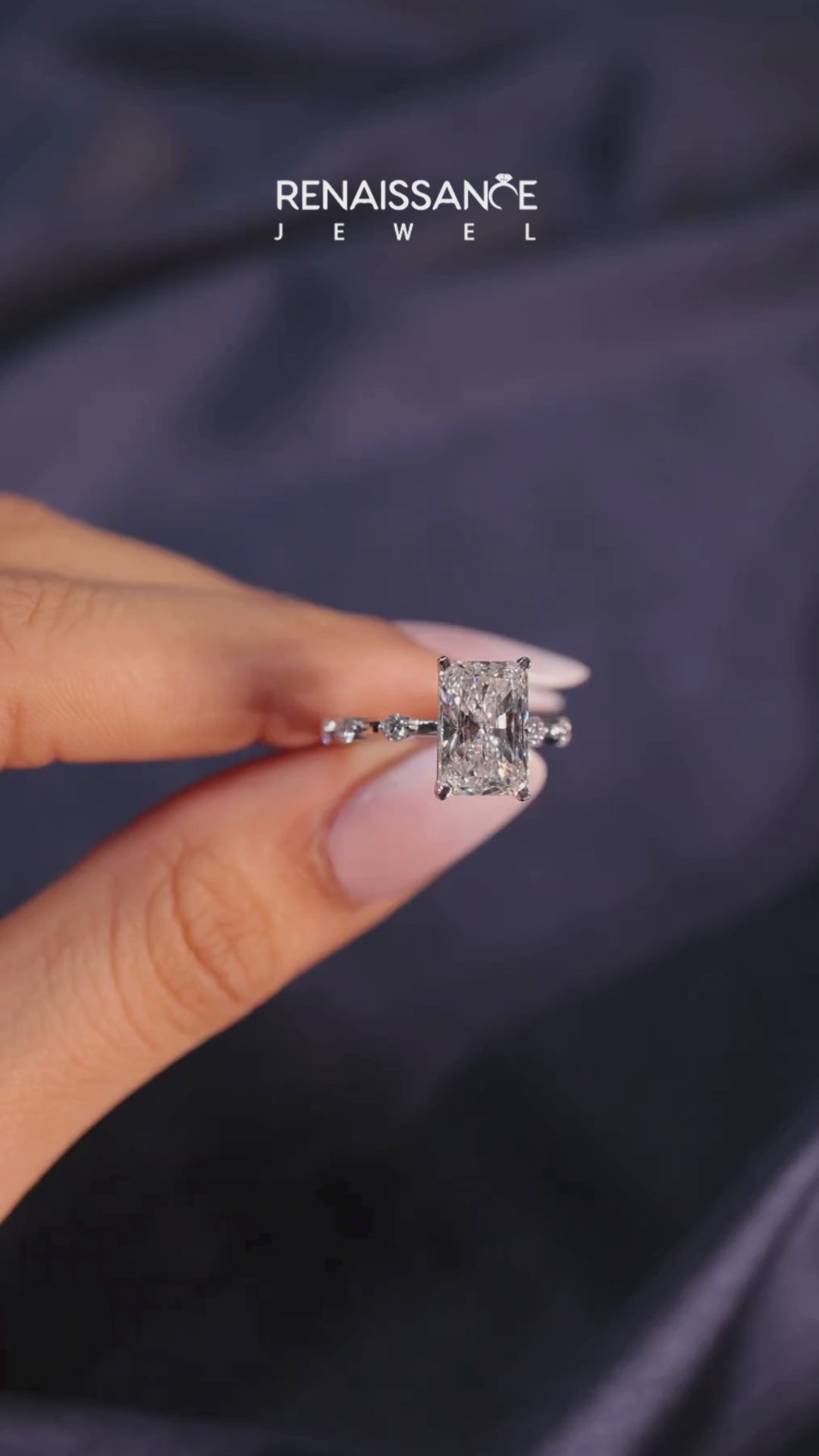 White gold Radiant Solitaire Diamond Ring with Bezel Set Side Stones and Prong Setting 3