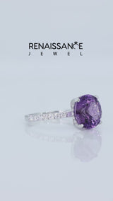 Silver Round Cut Amethyst Solitaire Ring with Round  Pavé Band and Four-Prong Setting