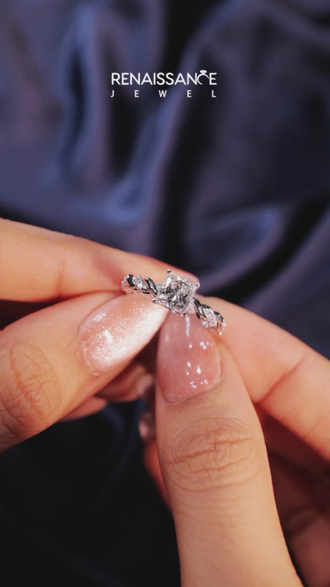 Platinum Princess Solitaire Twisted Band with Pavé Accents and Four-Prong Setting 3