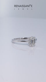 White gold Emerald Cut Diamond Solitaire Ring with Flower Prong Setting and Classic Band