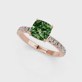 Rose gold Fancy Green Cushion Cut Diamond Solitaire Pavé Band with Four-Prong Setting