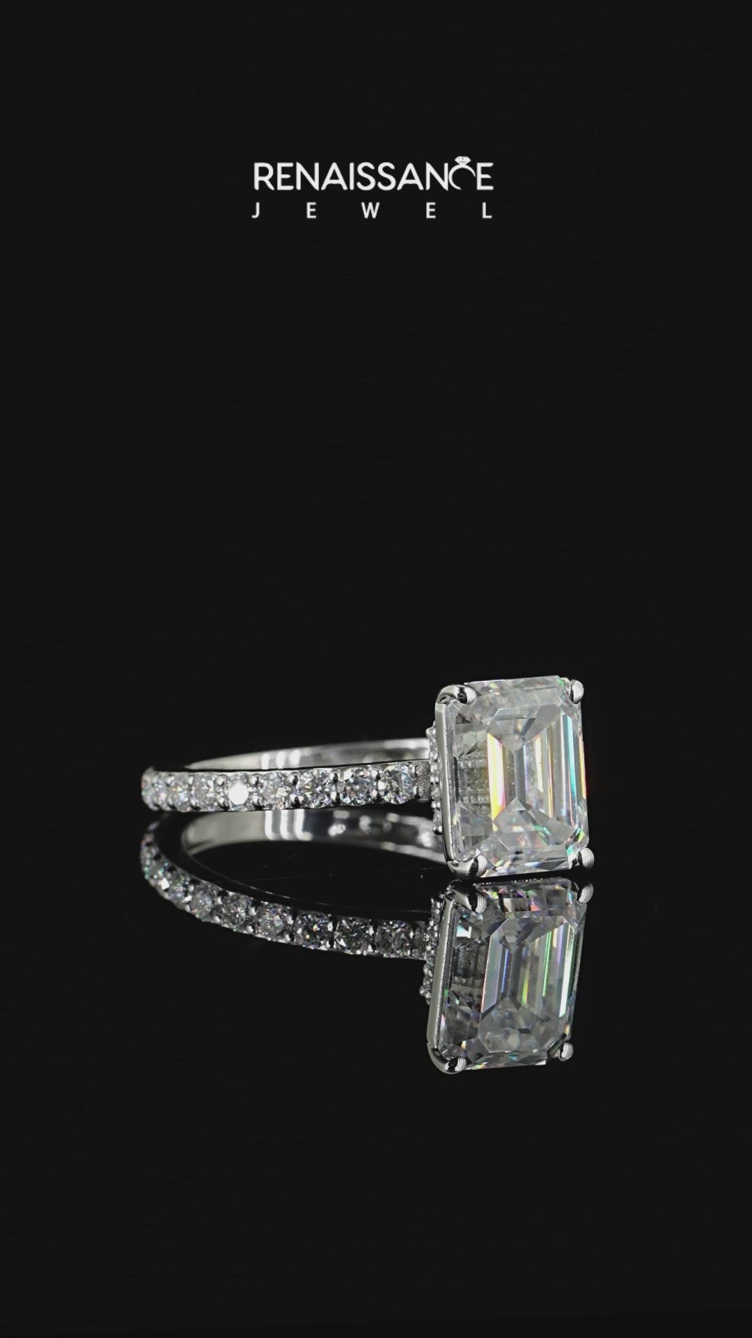Silver Emerald Cut Moissanite Pavé Engagement Ring with Round  Accents and Prong Setting_14