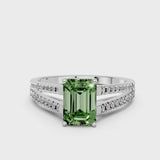 Platinum Fancy Green Emerald Cut Diamond Solitaire Engagement Ring with Split Shank Pavé Band