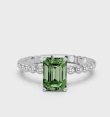 Platinum Fancy Green Emerald Cut Diamond Solitaire Ring with Beaded Band and Prong Setting