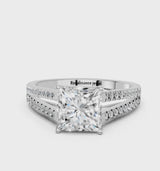 White gold Princess Cut Diamond Solitaire Engagement Ring with Split Shank Pavé Band