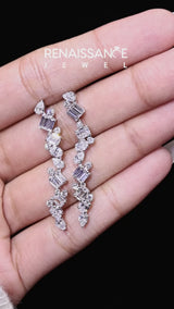White gold Pear, Emerald, and Round Diamond Linear Drop Earrings