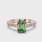 Rose gold Fancy Green Emerald  Cut Solitaire Diamond Engagement Ring with Pave Band and Four-Prong Setting