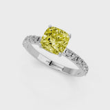 Platinum Fancy Yellow Cushion Cut Diamond Solitaire Pavé Band with Four-Prong Setting