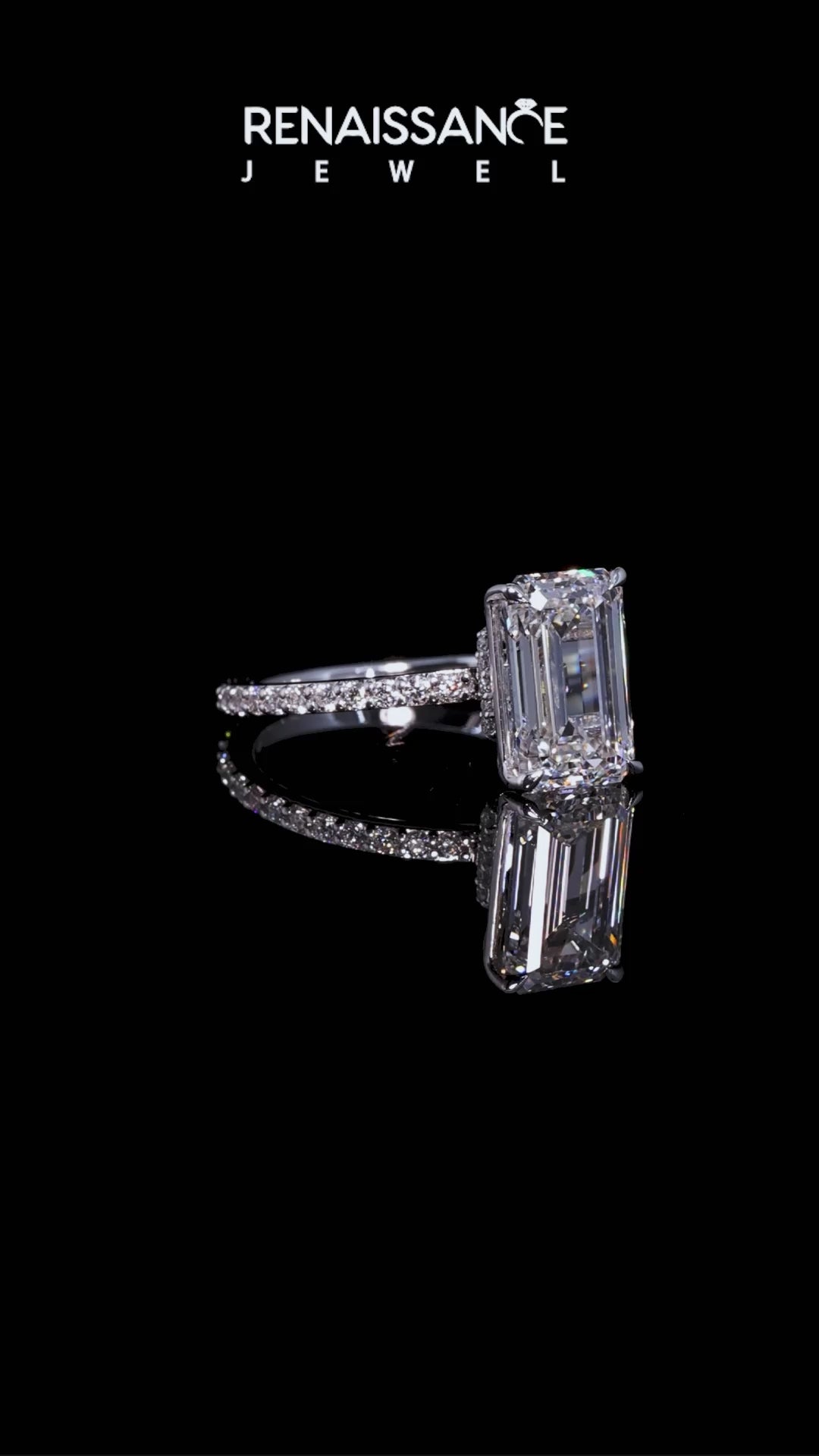 White gold Emerald Cut Diamond Ring with Pavé Band and Four-Prong Setting_53