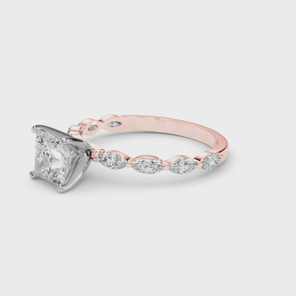 Rose gold Princess Solitaire Marquise Side Stone Prong Setting Ring 3
