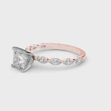 Rose gold Princess Cut Diamond Ring with Marquise Side Stones and Prong Setting