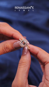 Yellow gold Cushion Cut Diamond Halo Engagement Ring with Milgrain Detail and Pavé Band