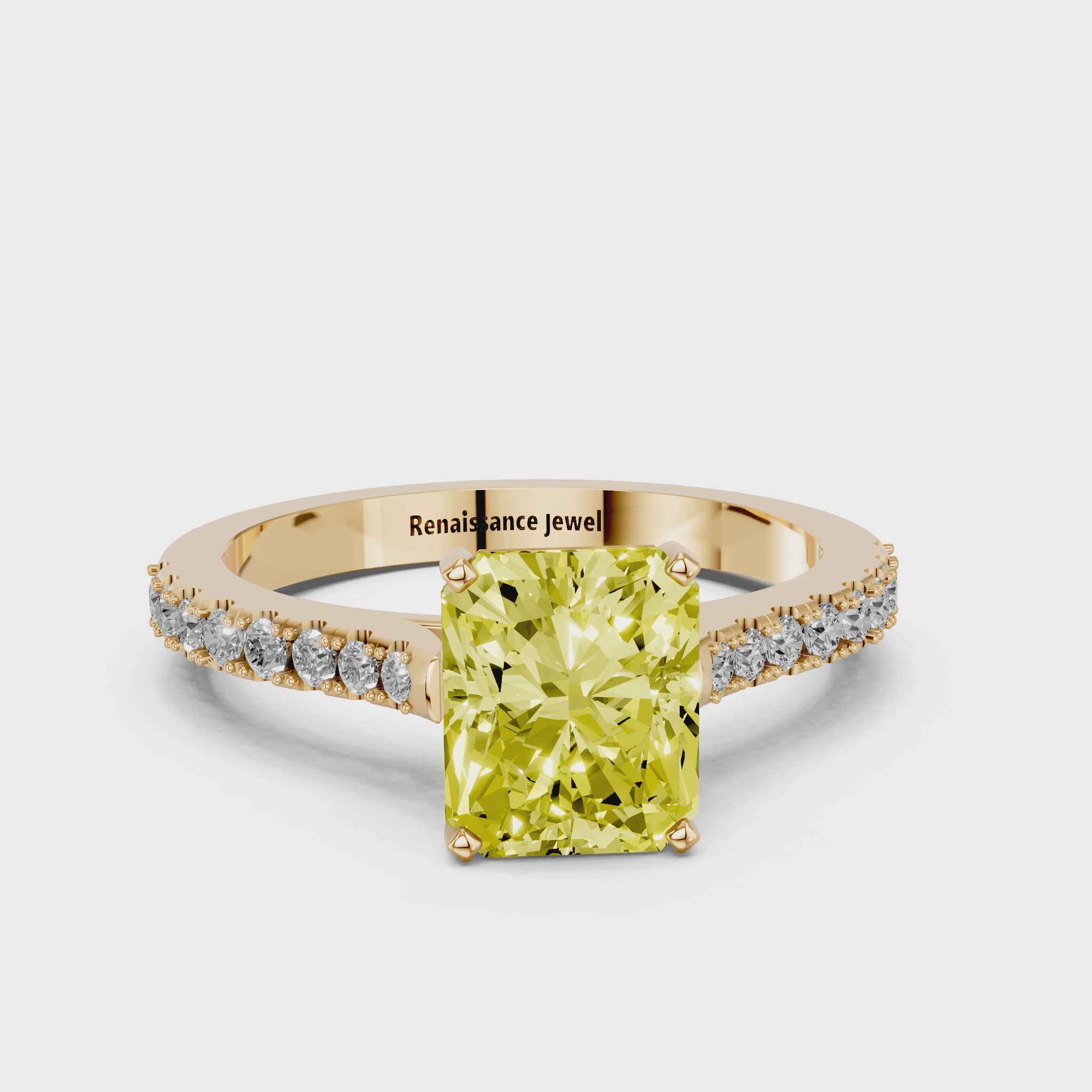 Yellow gold Fancy Yellow Radiant  Cut Solitaire Diamond Engagement Ring with Pave Band and Four-Prong Setting_94