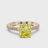 Yellow gold Fancy Yellow Radiant  Cut Solitaire Diamond Engagement Ring with Pave Band and Four-Prong Setting