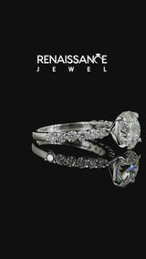 White gold Round Cut Diamond Solitaire Ring with Shared Prong Pavé Band and Four-Prong Setting