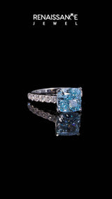 White gold Fancy Blue Cushion Cut Diamond Cathedral Solitaire Ring with Round  Pavé Band