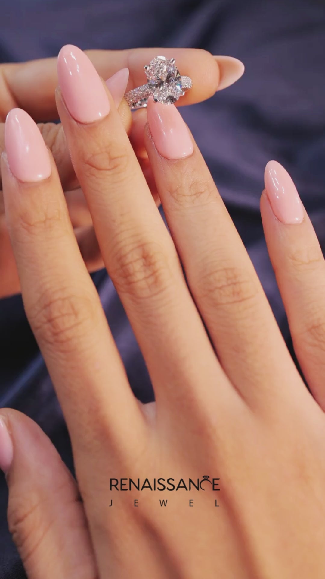 Platinum Oval Solitaire with Pave Band and Four-Prong Setting 5