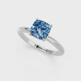 Silver Fancy Blue Cushion Cut Diamond Solitaire Ring with Six-Prong Setting and Classic Band