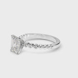 White gold Emerald Solitaire Bezel Accent Diamond Engagement Ring with Beaded Band and Four-Prong Setting