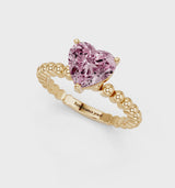 Yellow gold Fancy Pink Heart Cut Diamond Solitaire Ring with Beaded Band and Prong Setting