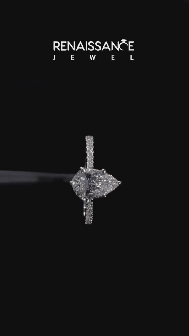 White gold Pear Cut Solitaire Diamond Engagement Ring with Pave Band and Four-Prong Setting 3