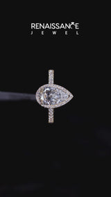 Yellow gold Pear Halo Diamond Ring with Pavé Band and Three-Prong Setting