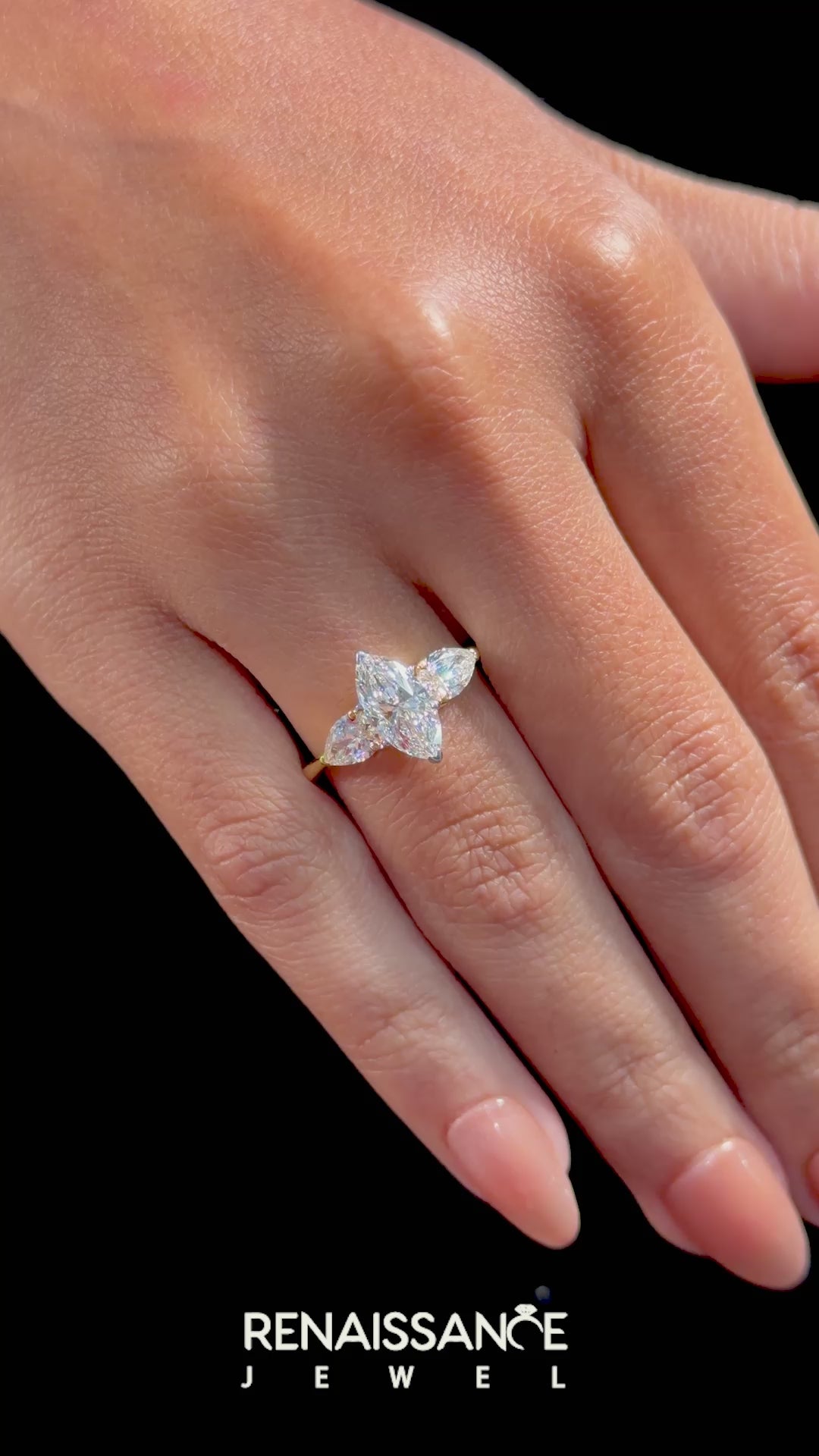 Yellow gold Three-Stone Marquise Diamond Ring with Pear Side Stones in Four-Prong Setting_8