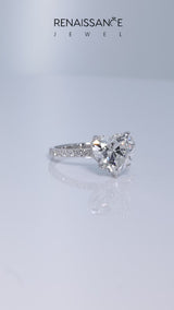 Silver Heart Cut Diamond Solitaire Ring with Round  Pavé Band and Four-Prong Setting