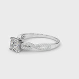 Silver Cushion Cut Diamond Solitaire Engagement Ring with Twisted Pavé Band and Four-Prong Setting