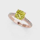 Rose gold Fancy Yellow Cushion  Cut Solitaire Diamond Engagement Ring with Pave Band and Four-Prong Setting