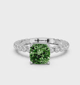 White gold Fancy Green Cushion Cut Diamond Solitaire Ring with Beaded Band and Prong Setting