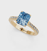 Yellow gold Fancy Blue Radiant  Cut Solitaire Diamond Engagement Ring with Pave Band and Four-Prong Setting