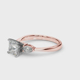 Rose gold Three-Stone Princess Cut Diamond Ring with Pear Side Stones and Four-Prong Setting
