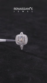White gold Emerald Cut Diamond Double Halo Ring with Pavé Band and Prong Setting